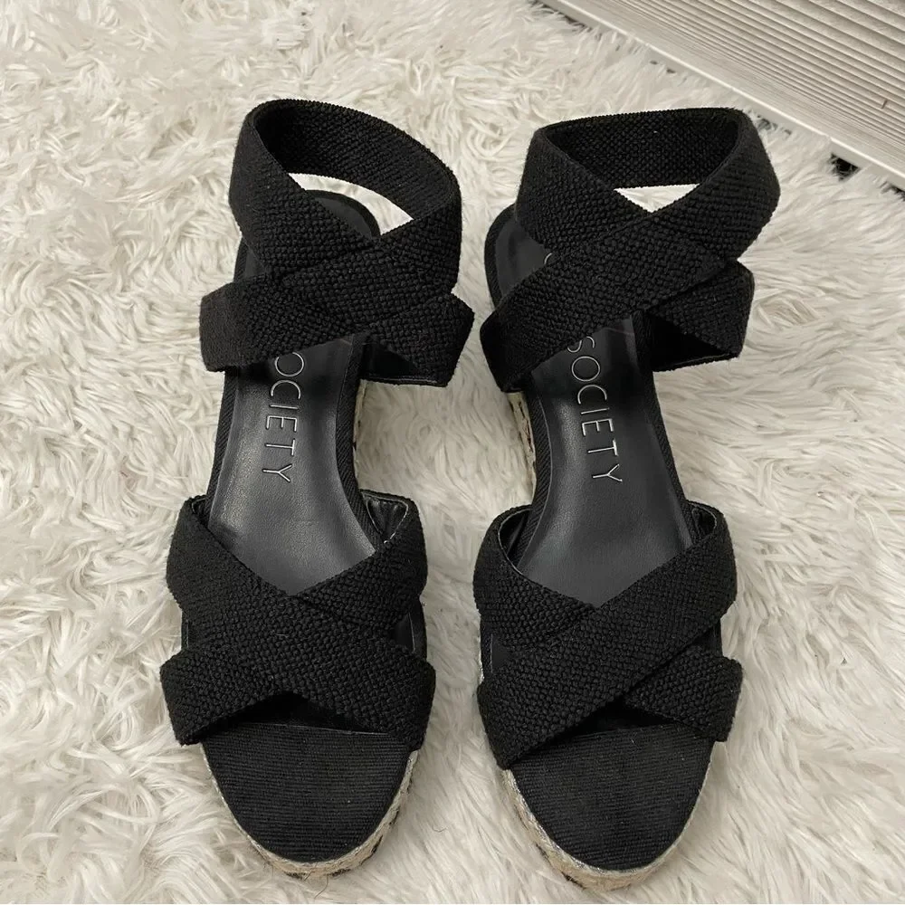 Sole Society Carmelina Espadrille Wedge Sandals Black Ankle strap Size 7.5M/ 38‎